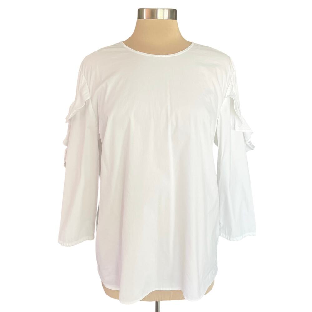 J. McLaughlin White Crisp Cotton Popover Top Ruffle Detail Size XL Preppy Summer